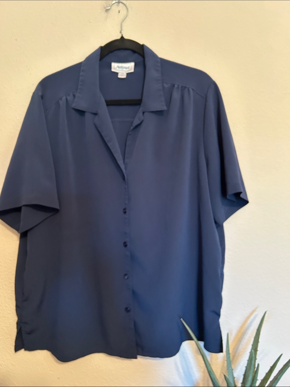 Women's Short-Sleeve Button Blouse in Navy Blue